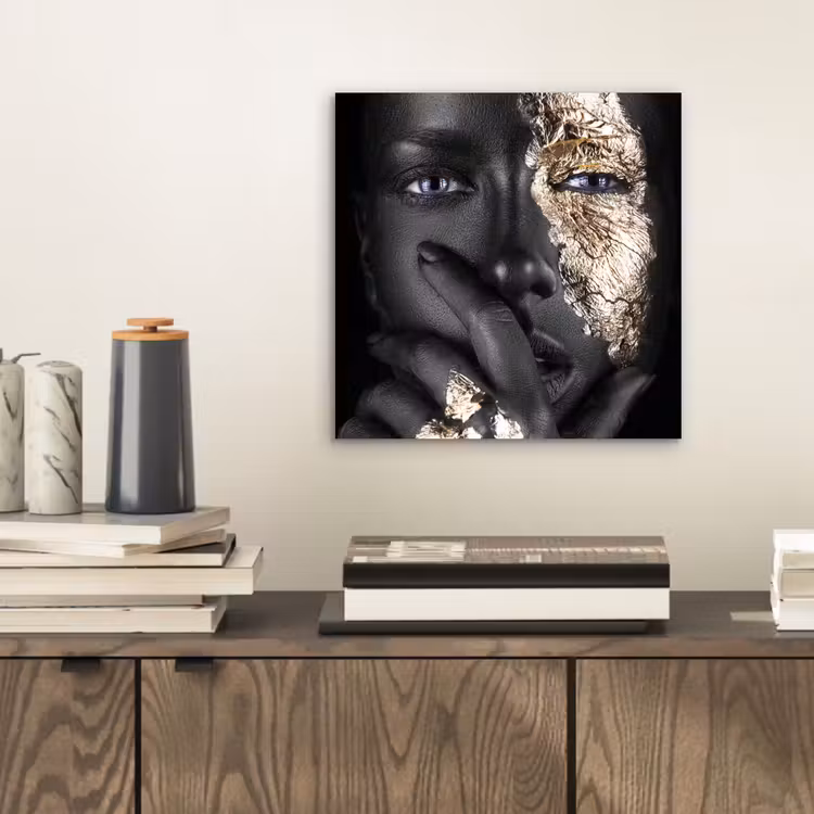 Aluminium schilderij - Vrouw - Goud - Zwart - Schmink - Luxe — 2