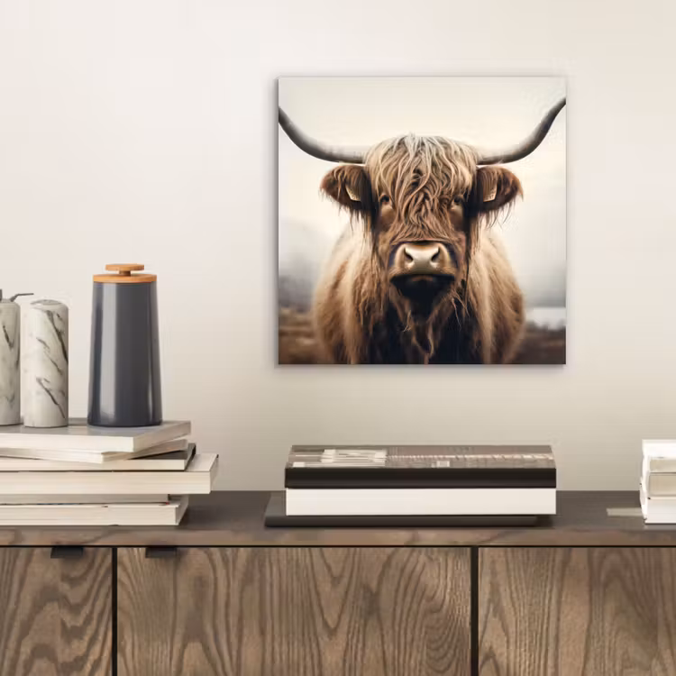 Aluminium schilderij - Schotse hooglander - Hoorns - Landschap — 2