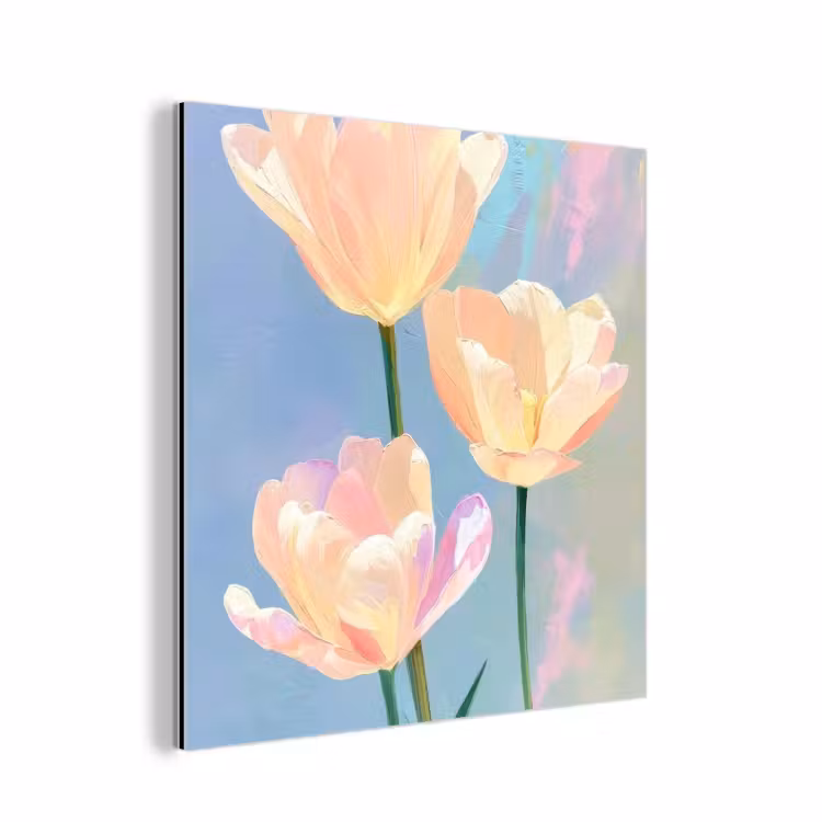 Aluminium schilderij - Tulpen - Roze accenten - Blauw — 1