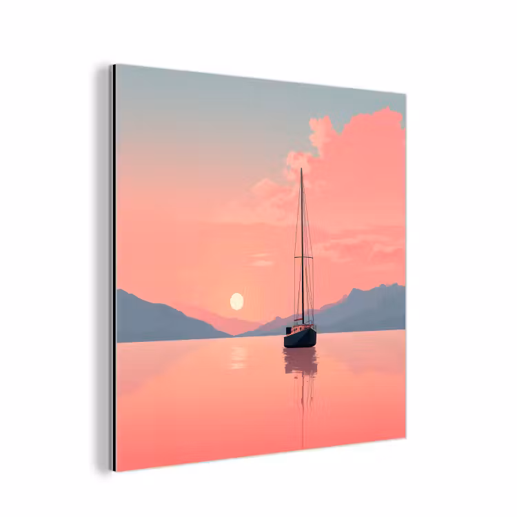 Aluminium schilderij - Zeilboot - Roze zee - Zonsondergang - Bergen — 1