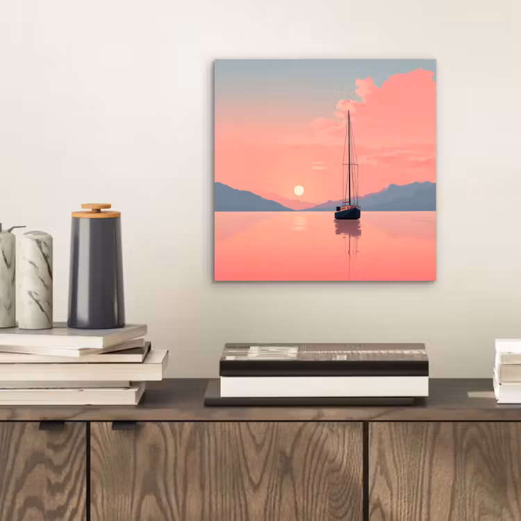 Aluminium schilderij - Zeilboot - Roze zee - Zonsondergang - Bergen — 2