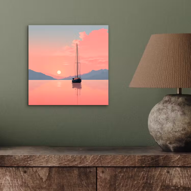 Aluminium schilderij - Zeilboot - Roze zee - Zonsondergang - Bergen — 3