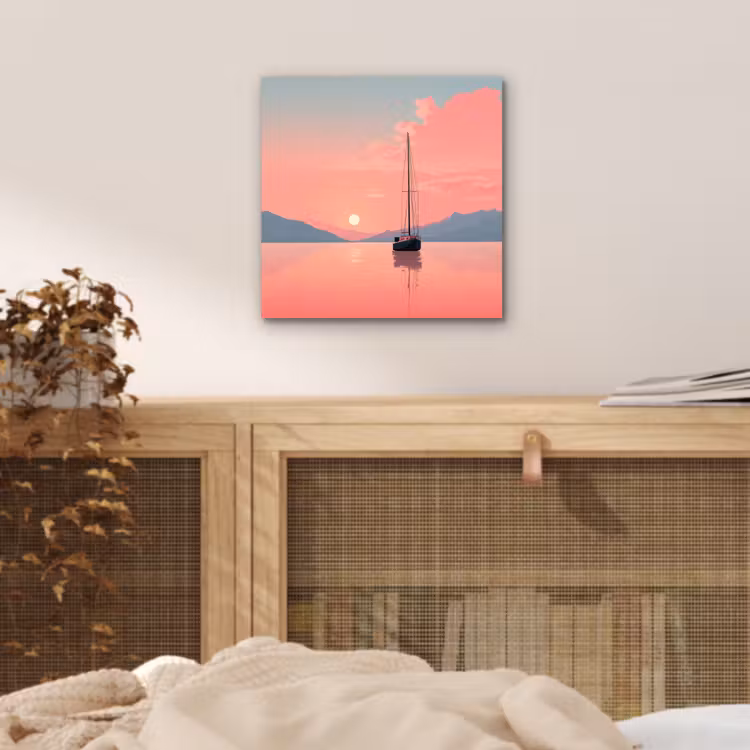 Aluminium schilderij - Zeilboot - Roze zee - Zonsondergang - Bergen — 4