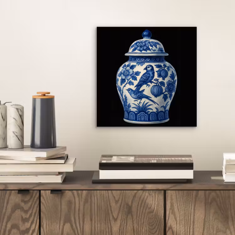Aluminium schilderij - Pot - Delfts Blauw - Bloemen — 2