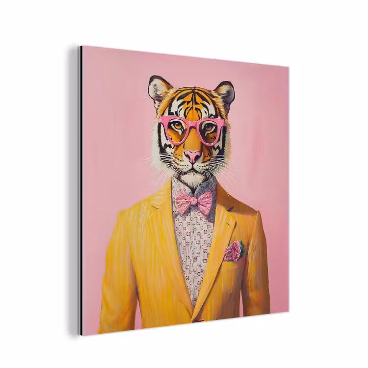 Aluminium schilderij - Tijger - Bril - Geel - Jasje — 1