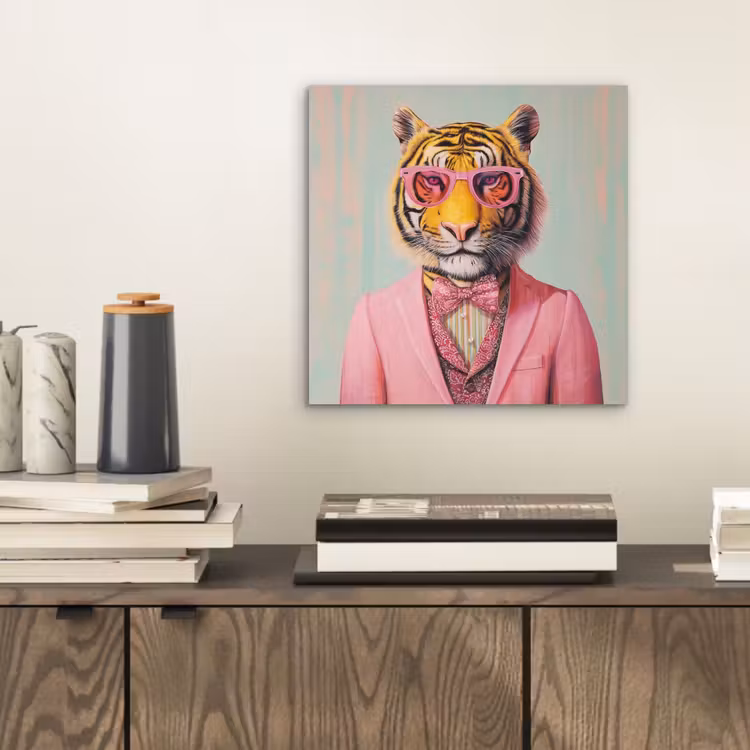 Aluminium schilderij - Tijger - Strik - Jasje - Roze — 2