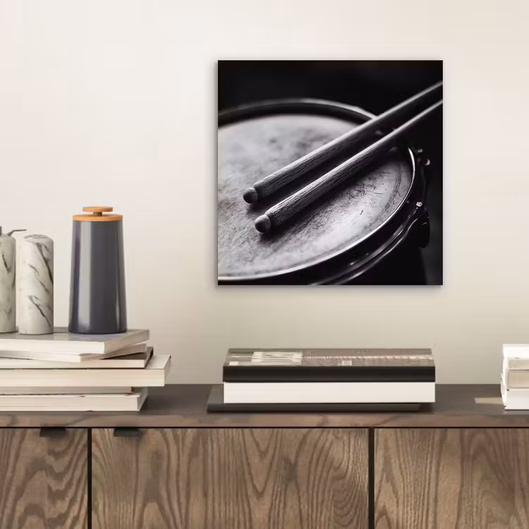Aluminium schilderij - Trommel - Close-up - Drumstokken - Zwart — 2