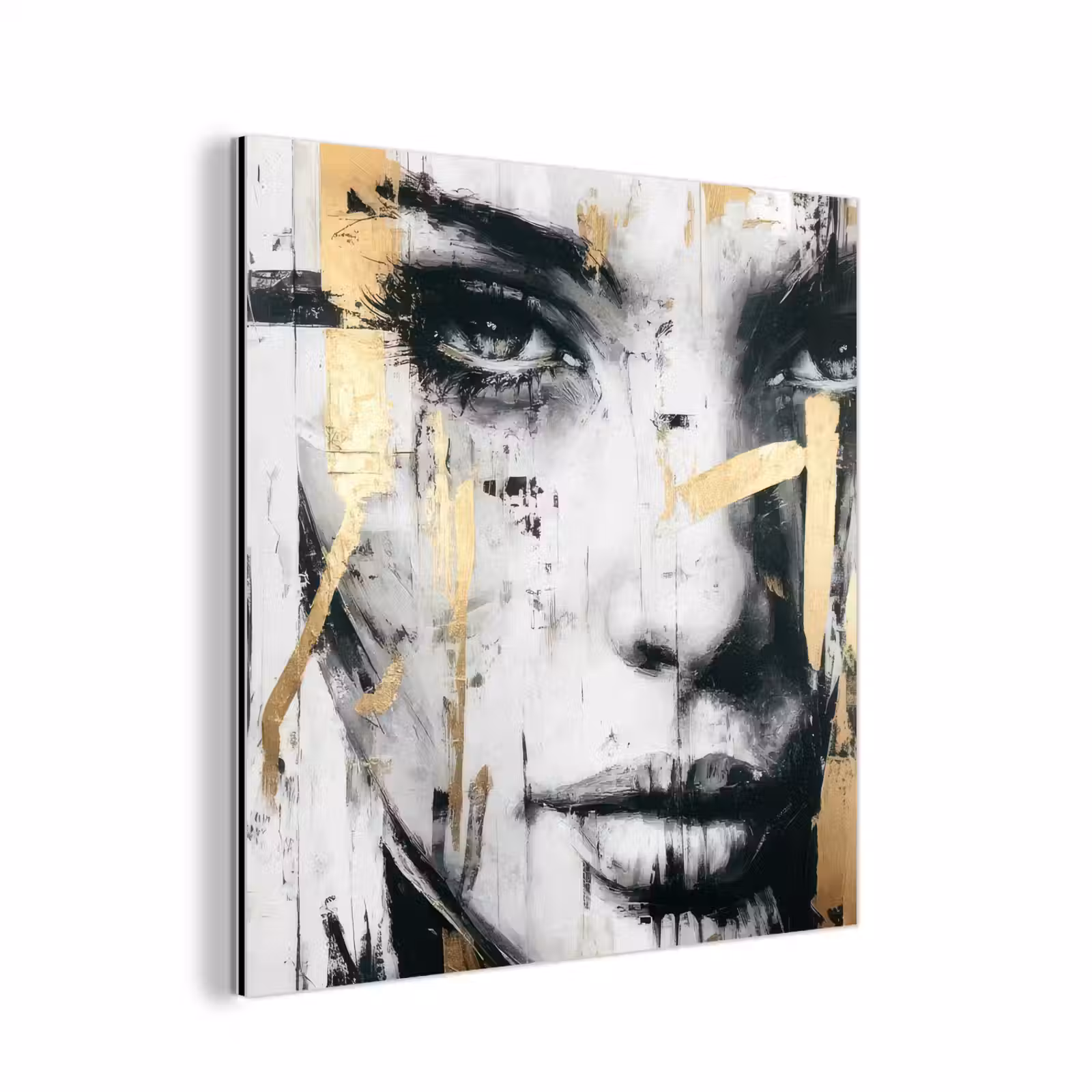 Aluminium schilderij - Portret - Vrouw - Penseelstreken - Goud — 1