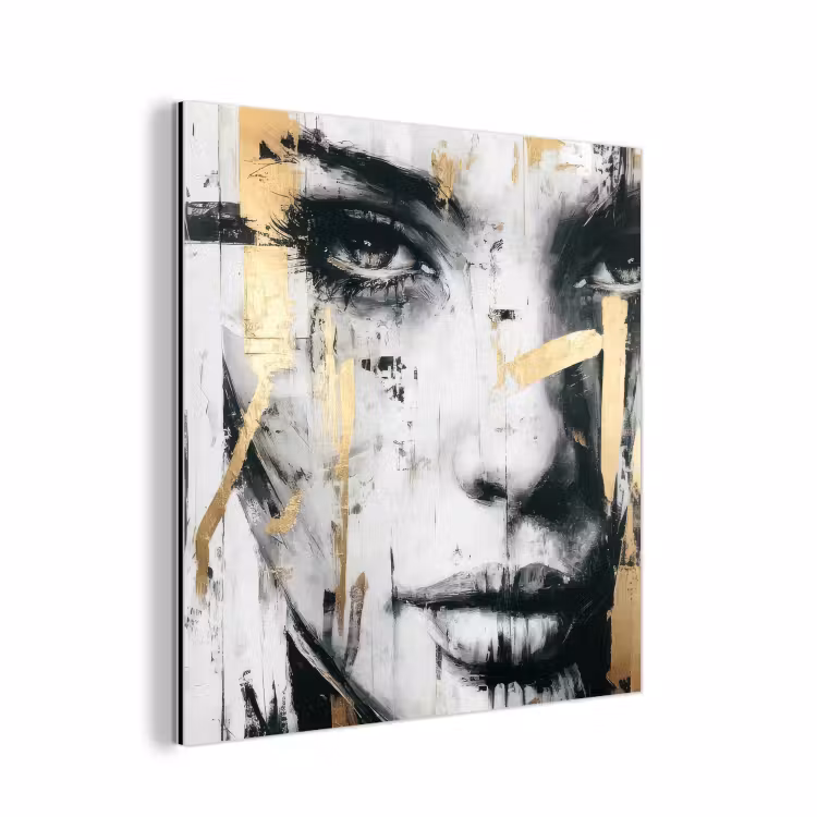 Aluminium schilderij - Portret - Vrouw - Penseelstreken - Goud — 1