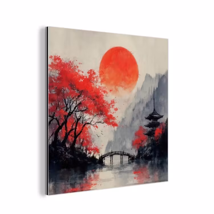 Aluminium schilderij - Rode zon - Rivier - brug - Bomen — 1