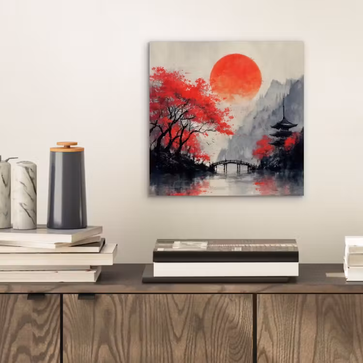 Aluminium schilderij - Rode zon - Rivier - brug - Bomen — 2