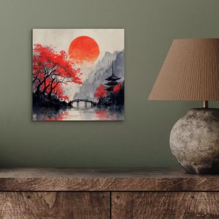 Aluminium schilderij - Rode zon - Rivier - brug - Bomen — 3
