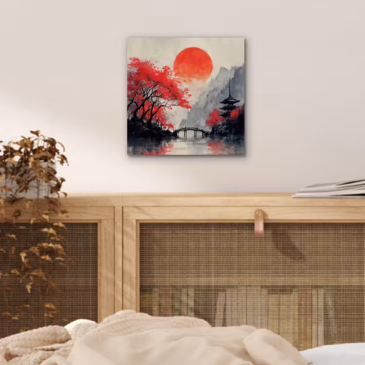 Aluminium schilderij - Rode zon - Rivier - brug - Bomen — 4
