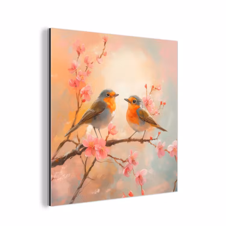 Aluminium schilderij - Roodborstjes - Sierlijk - Bloesemtak — 1
