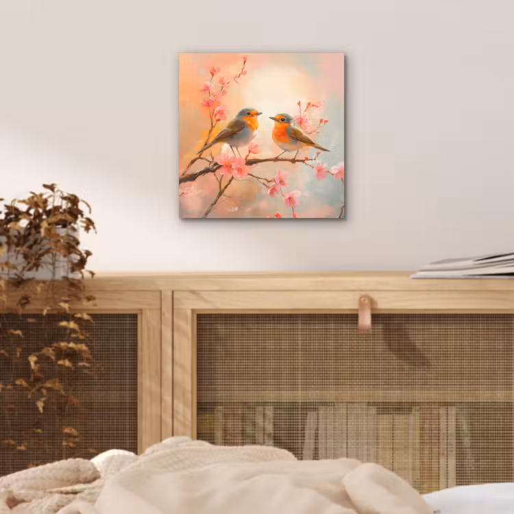 Aluminium schilderij - Roodborstjes - Sierlijk - Bloesemtak — 4