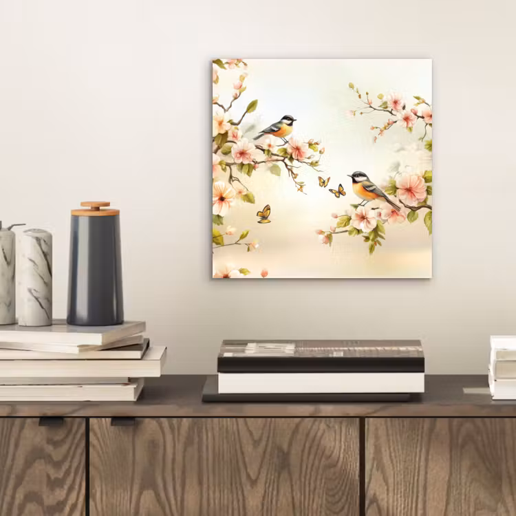 Aluminium schilderij - Takken - Bloemen - Vogeltjes - Roze — 2