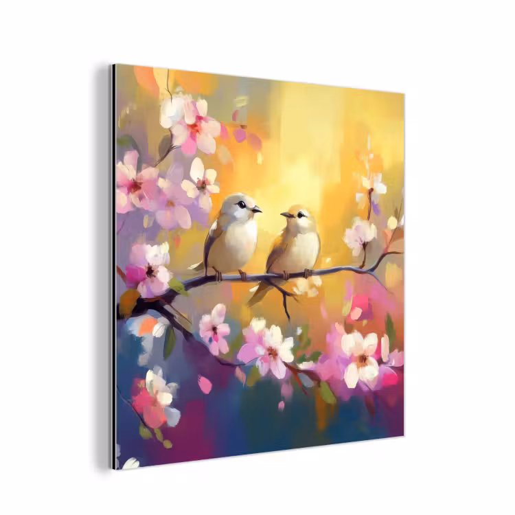 Aluminium schilderij - Vogels - Bloemen - Roze — 1