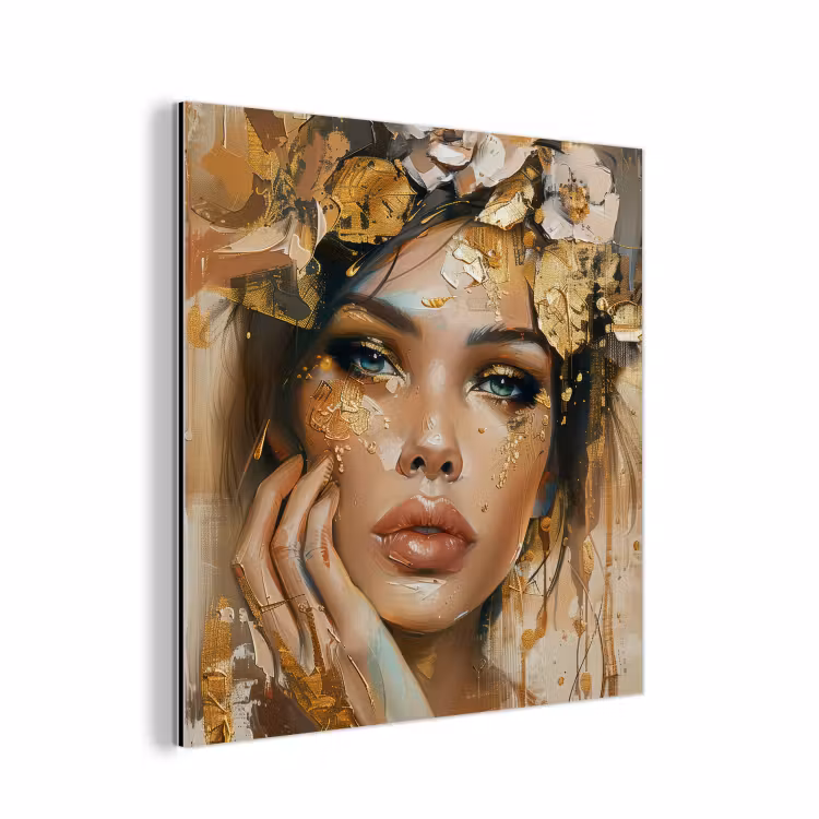 Aluminium schilderij - Vrouw - Bloemen - Goud - Portret — 1