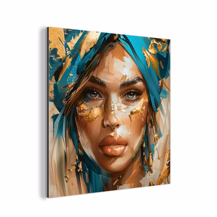 Aluminium schilderij - Vrouw - Portret - Goud - Luxe - Blauw — 1