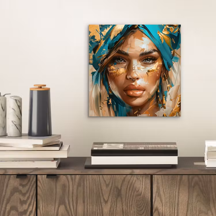Aluminium schilderij - Vrouw - Portret - Goud - Luxe - Blauw — 2