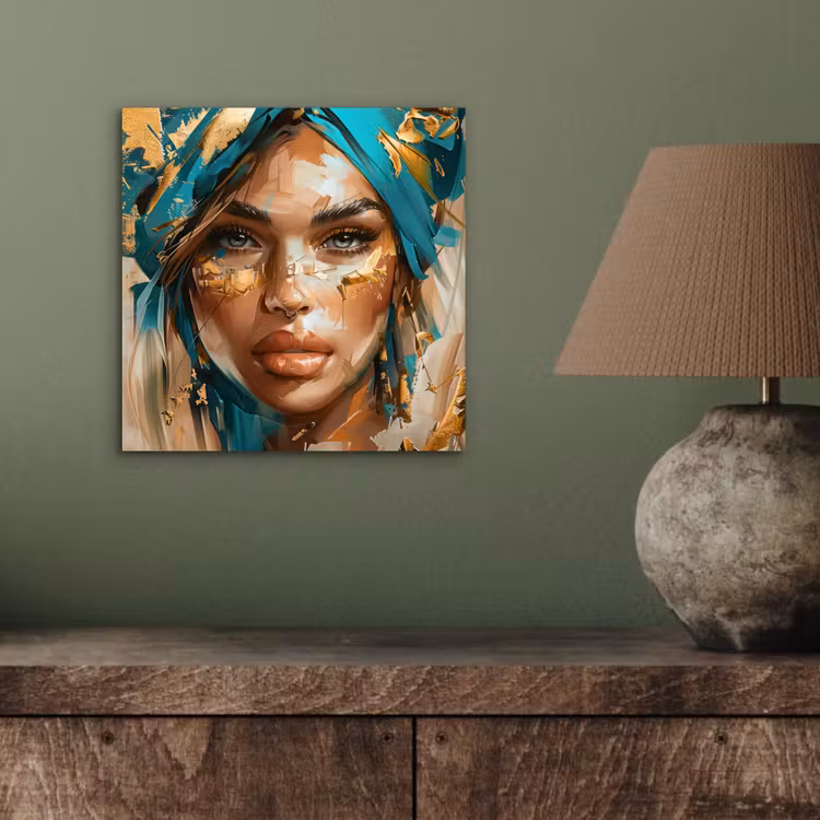 Aluminium schilderij - Vrouw - Portret - Goud - Luxe - Blauw — 3