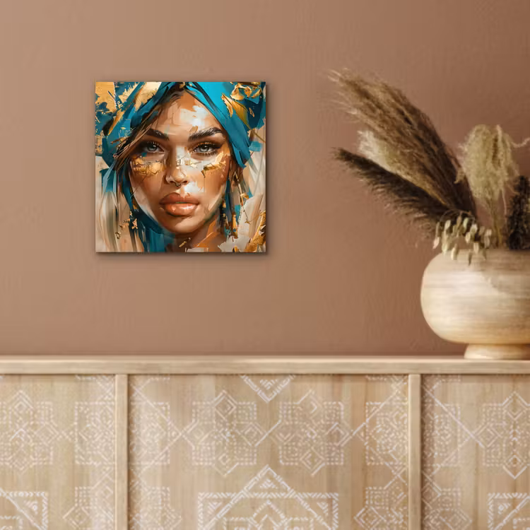 Aluminium schilderij - Vrouw - Portret - Goud - Luxe - Blauw — 5