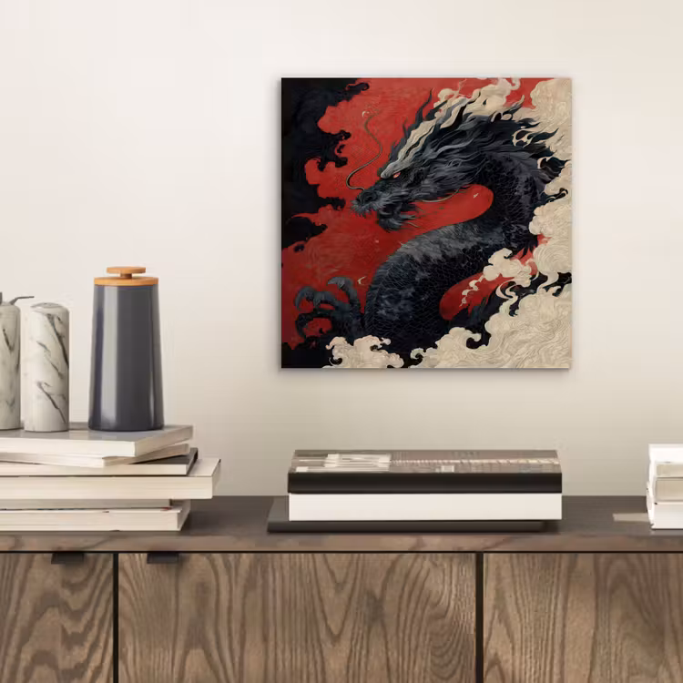Aluminium schilderij - Zwarte draak - Rookwolken - Rood — 2