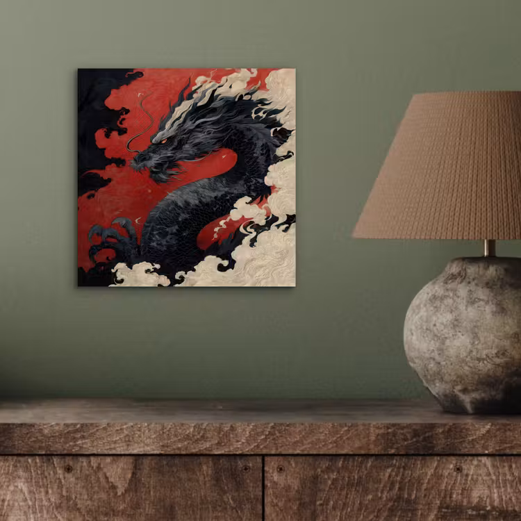Aluminium schilderij - Zwarte draak - Rookwolken - Rood — 3