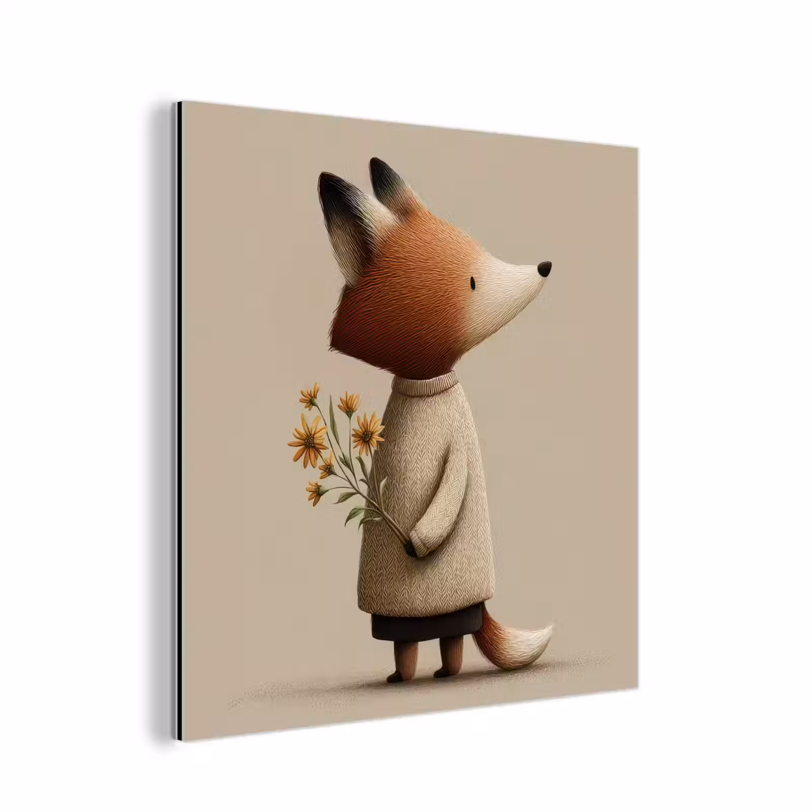 Aluminium schilderij - Vos - Gele bloemen - Minimalistisch — 1