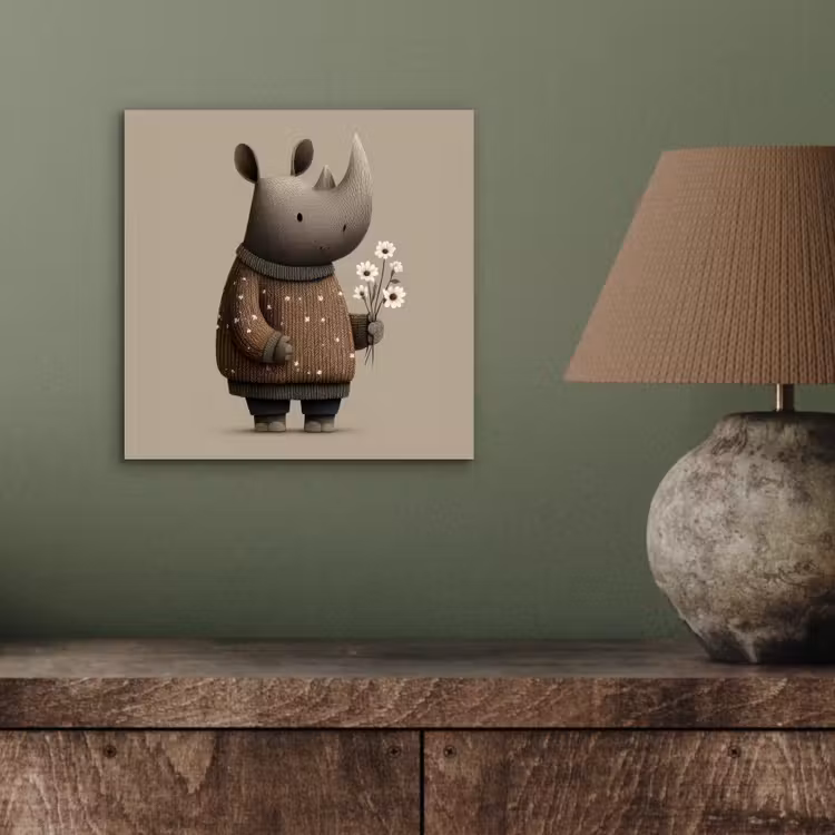 Aluminium schilderij - Neushoorn - Witte bloemen - Lief — 3