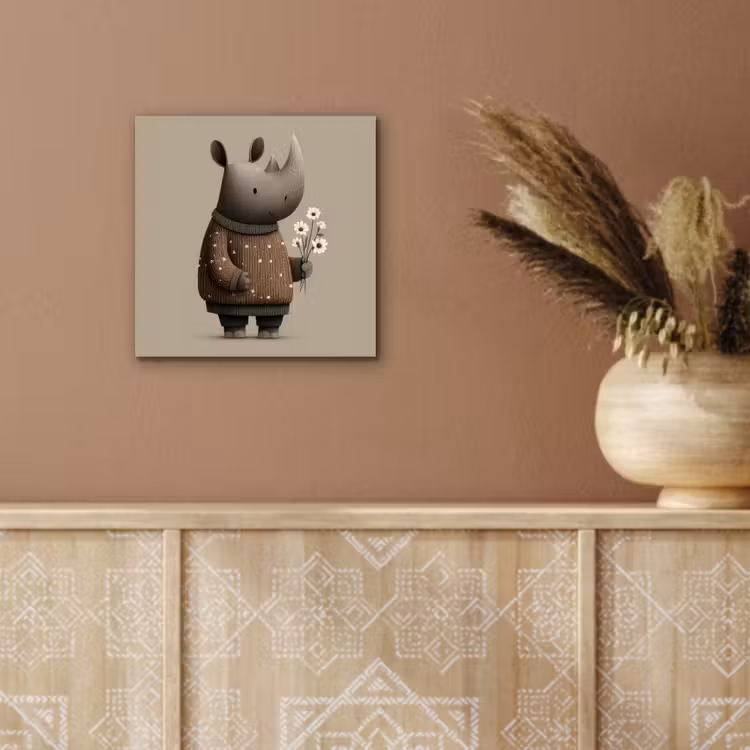 Aluminium schilderij - Neushoorn - Witte bloemen - Lief — 5