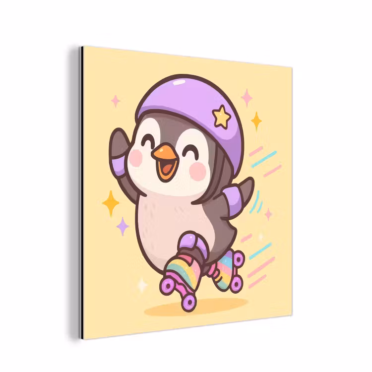 Aluminium schilderij - Pinguïn - Rolschaatsen - Geel - Energiek — 1