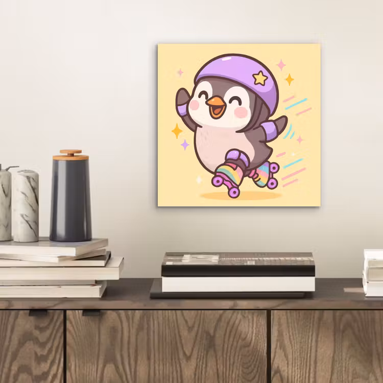 Aluminium schilderij - Pinguïn - Rolschaatsen - Geel - Energiek — 2