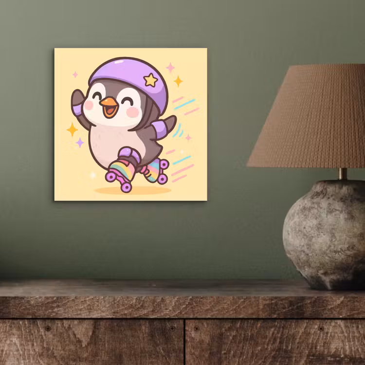 Aluminium schilderij - Pinguïn - Rolschaatsen - Geel - Energiek — 3