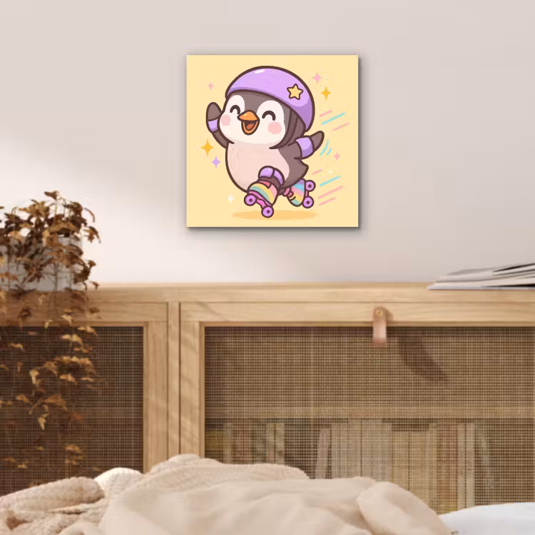 Aluminium schilderij - Pinguïn - Rolschaatsen - Geel - Energiek — 4