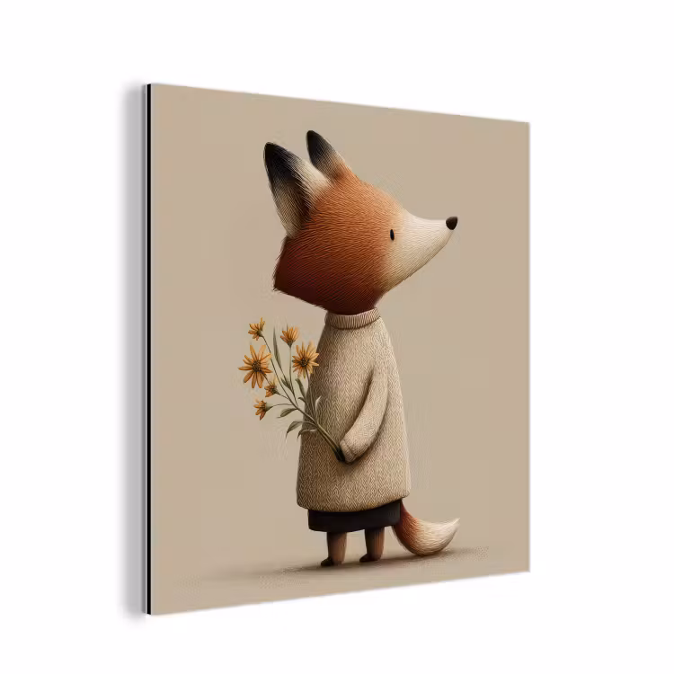 Aluminium schilderij - Vos - Gele bloemen - Minimalistisch — 1