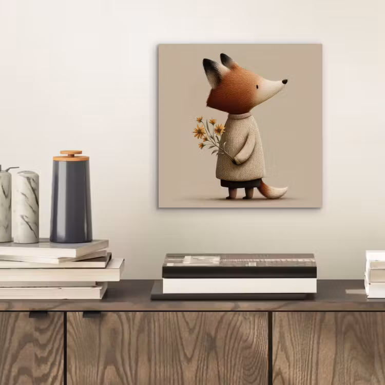 Aluminium schilderij - Vos - Gele bloemen - Minimalistisch — 2