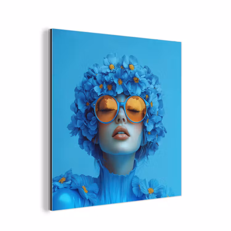 Aluminium schilderij - Vrouw - Bloem - Blauw - Modern - Bril - Portret — 1