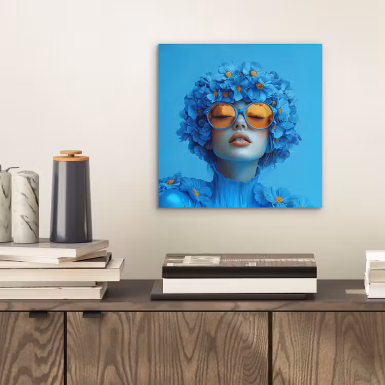 Aluminium schilderij - Vrouw - Bloem - Blauw - Modern - Bril - Portret — 2