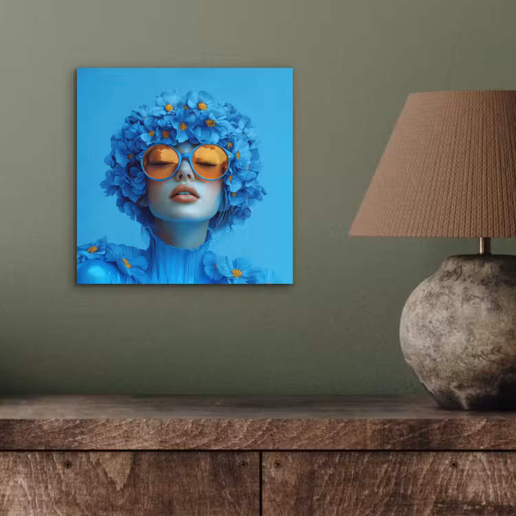 Aluminium schilderij - Vrouw - Bloem - Blauw - Modern - Bril - Portret — 3