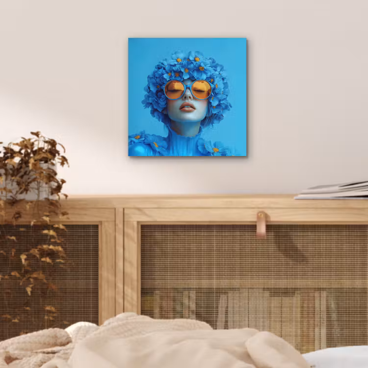 Aluminium schilderij - Vrouw - Bloem - Blauw - Modern - Bril - Portret — 4