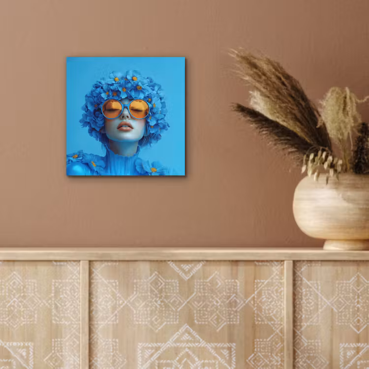 Aluminium schilderij - Vrouw - Bloem - Blauw - Modern - Bril - Portret — 5