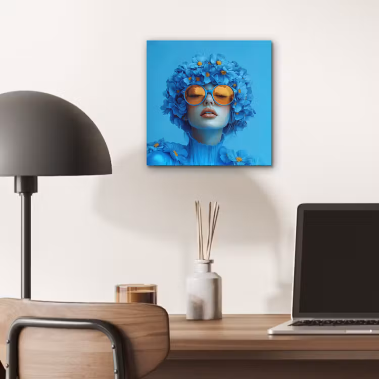 Aluminium schilderij - Vrouw - Bloem - Blauw - Modern - Bril - Portret — 6