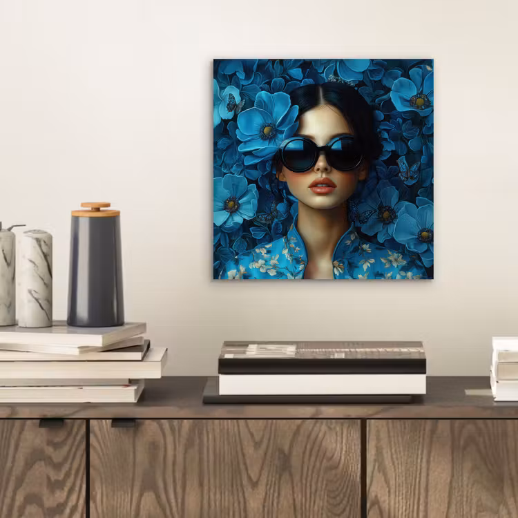 Aluminium schilderij - Vrouw - Bloemen - Blauw - Aesthetic - Luxe — 2