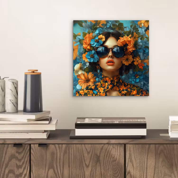 Aluminium schilderij - Vrouw - Bloemen - Oranje - Blauw - Modern — 2