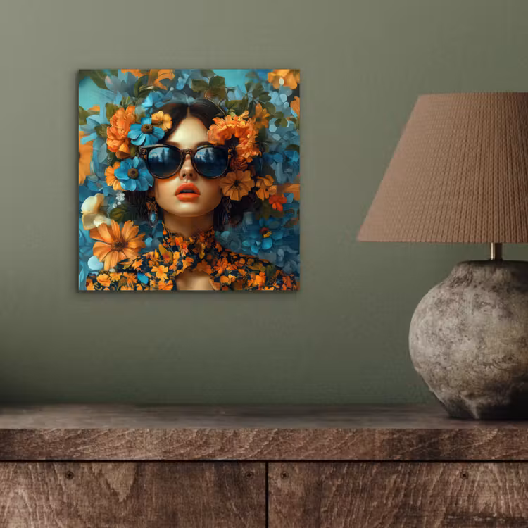 Aluminium schilderij - Vrouw - Bloemen - Oranje - Blauw - Modern — 3