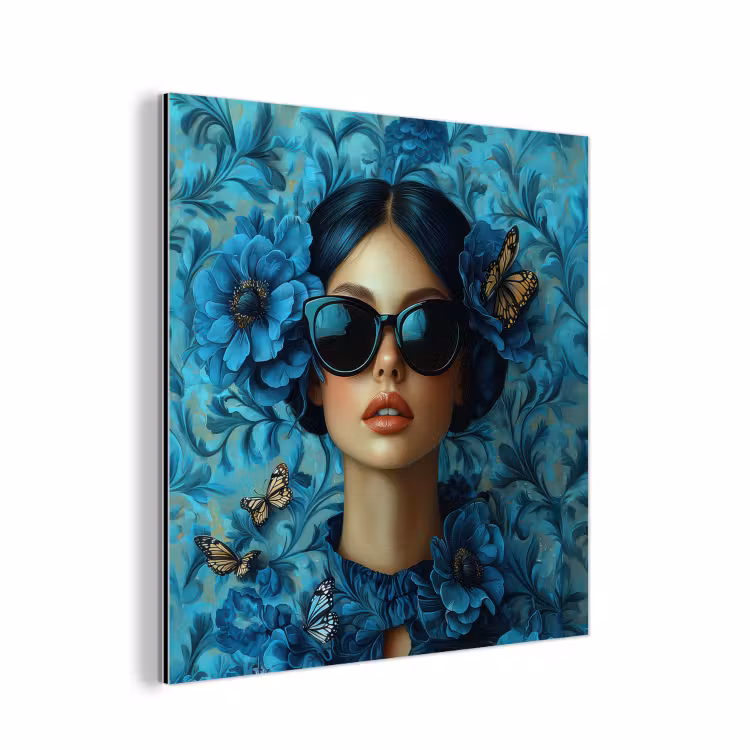Aluminium schilderij - Vrouw - Bloemen - Vlinders - Blauw - Abstract — 1