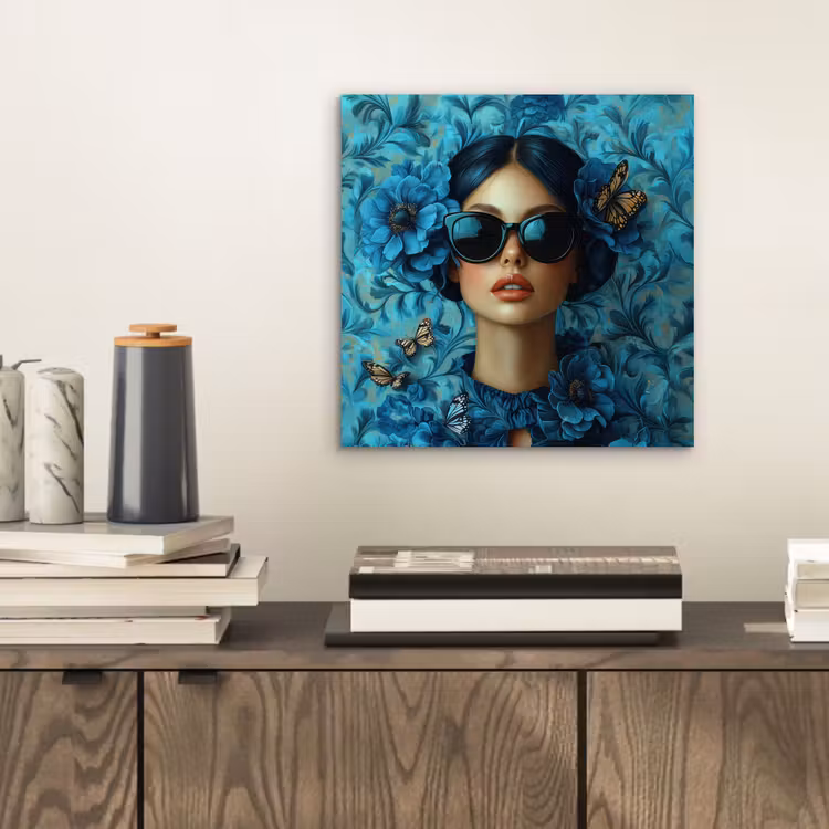 Aluminium schilderij - Vrouw - Bloemen - Vlinders - Blauw - Abstract — 2