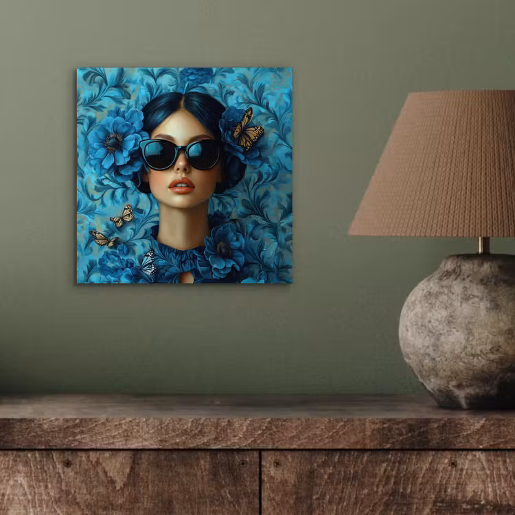 Aluminium schilderij - Vrouw - Bloemen - Vlinders - Blauw - Abstract — 3