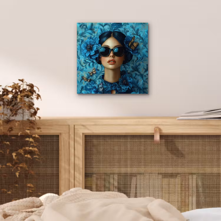 Aluminium schilderij - Vrouw - Bloemen - Vlinders - Blauw - Abstract — 4